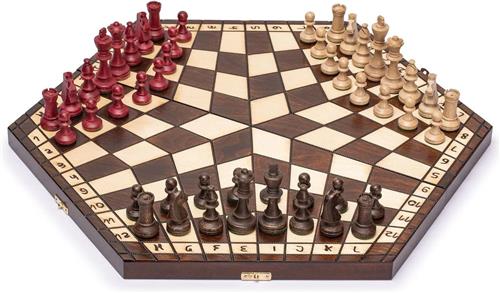 Schaakstenen - Hout - 54 cm - Handgemaakt Schaakspel met Opvouwbaar Bord en Vilten Opbergvak - Voor Drie Spelers