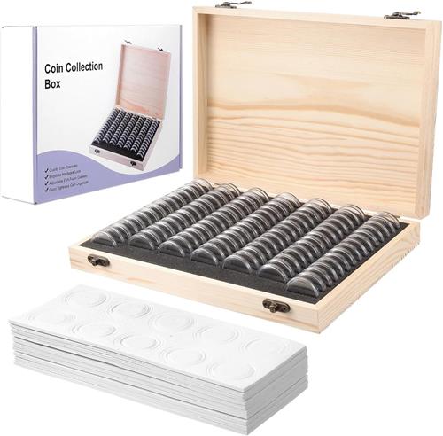 Muntenverzamelmap - Hout - 280 x 190 x 45 mm - Opbergdoos met Verstelbare EVA Muntencapsules - Voor Muntenverzamelaars