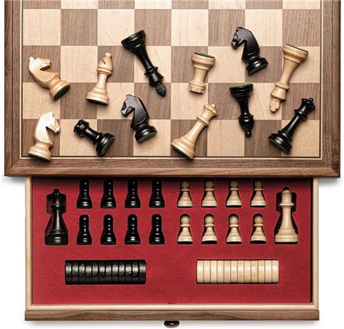 Schaakstenen - Walnoot - 38 x 38 x 7 cm - Houten Schaakset met Opberglade - Voor Beginners en Gevorderden