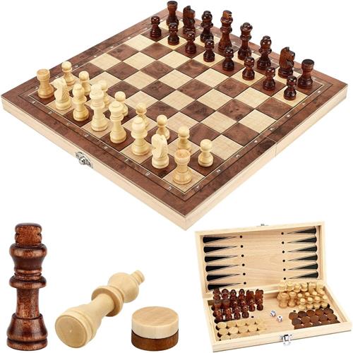 Schaakstenen - Hout - 29 x 29 x 2 cm - 3-in-1 Opvouwbaar Schaakbord met Dammen en Backgammon - Voor Kinderen en Volwassenen