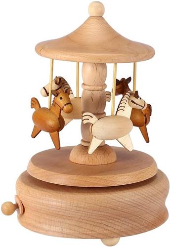 Roterende muziekdoos - Beukenhout - 12,3 x 17,5 cm - Vintage carrousel paard decoratie - Voor woondecoratie en cadeau