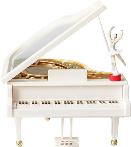 Roterende muziekdoos - Wit - Mechanisch uurwerk - Grand piano vorm met danseres - Decoratie en cadeau