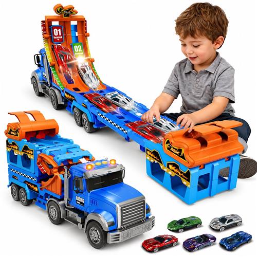 BOTC 3-in-1 Autotransporter met Racebaan - Auto Speelgoed - Inclusief 6 Metalen Raceautos - Licht, Geluid & Lanceerfunctie - Blauw