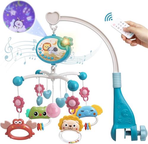 Roterende muziekdoos - Blauw - Mobiel babybed met sterrenprojectie en 400 melodieÃ«n - Met afstandsbediening en timer - Voor baby's 0-24 maanden