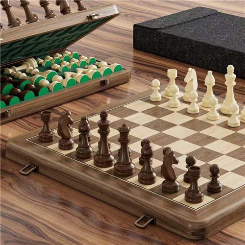 Schaakstenen - Donkergroen - Schaakspel van Walnootlook Hout - Klassiek Strategiespel voor 14+ Jaar
