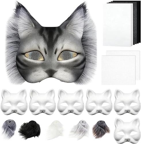 KZQ Doe-Het-Zelf Papieren Kattenmasker Set 6 Stuks Met Kunstbont En Vilt  Knutselpakket Voor Halloween En Maskerade