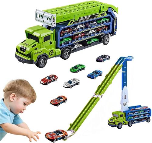 BOTC 3-in-1 Racebaan met Autotransporter - 84 cm Uitklapbare Autobaan - Inclusief 6 Metalen Raceautos - Speelgoed voor Kinderen - Groen