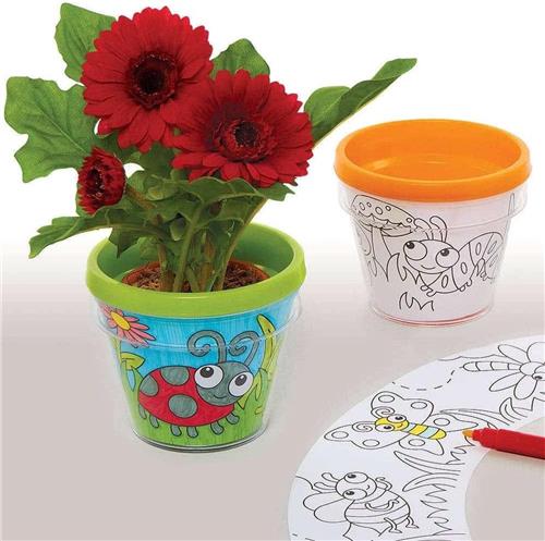 Knutselkoffer - Bloempotten om te kleuren - 10 cm hoog - Plastic met papieren inzetstukken - Voor kinderen die van tuinieren houden