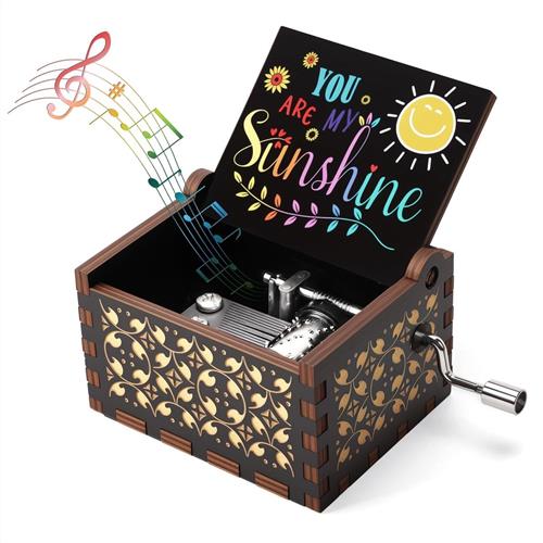 Roterende muziekdoos - Zwart - Jij bent mijn zonneschijn - Houten muziekdoos met zwengel - Voor cadeau en decoratie