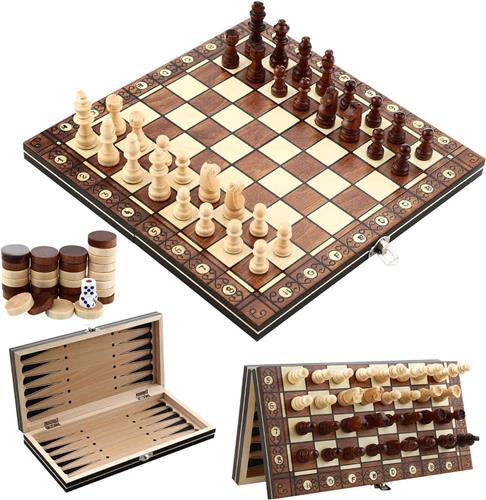 Schaakstenen - Houtkleur - 29,5 x 15,5 x 4,2 cm - Massief Houten 3-in-1 Schaakbordspel - Voor Kinderen en Reizen