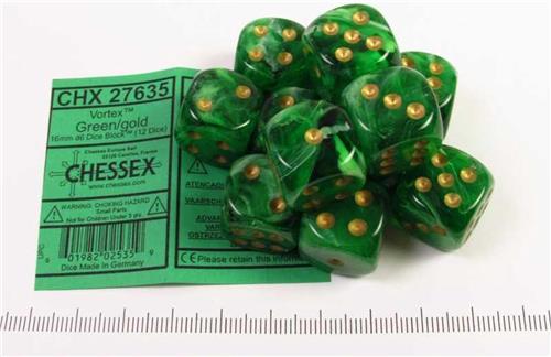 Chessex Vortex Green/gold D6 16mm Dobbelsteen Set (12 stuks)
