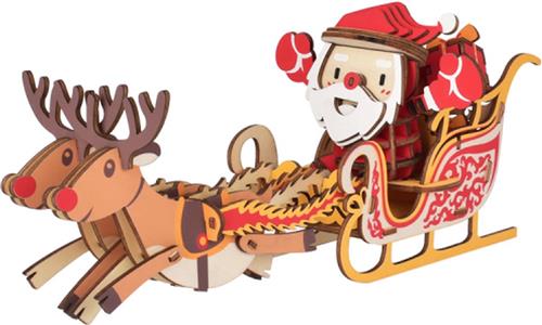 Bouwpakket 3D Puzzel Kerstman met Arreslee Kerst van hout- gekleurd