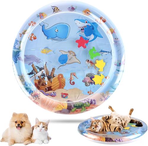 1 Watermat voor huisdieren - Realistische visvorm - Diameter 100 cm - Opvouwbaar, opblaasbaar en met water te vullen - Interactief binnenspeelgoed voor katten - Geschikt voor katten en honden - Blauw