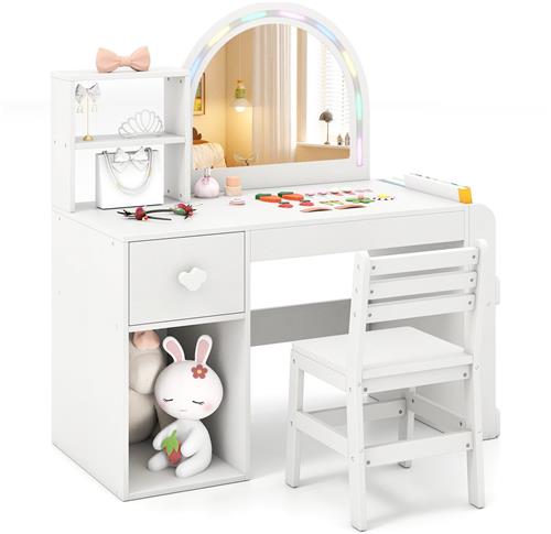 COSTWAY 2-in-1 Kindermake-uptafel met Verlichting, Kindermake-uptafel met Kleurrijke Spiegel, Boekenplank & La, Houten Kaptafel, Make-up Set voor Meisjes vanaf 3 jaar (Wit)