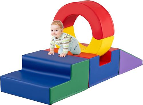 COSTWAY 5-delige schuimbouwstenen voor kinderen, zachte bouwstenen XXL met tunnel, trap en glijbaan, reuzenbouwstenen van schuim om te klimmen en te kruipen, grote bouwstenen voor kinderkamer