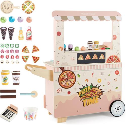 COSTWAY IJskar kinderen hout, pizzawagen met 41 accessoires incl. pizza set & ijs, winkel met oven, magnetisch bord & kassa automaat, pizza ijswinkel voor kinderen vanaf 3 jaar