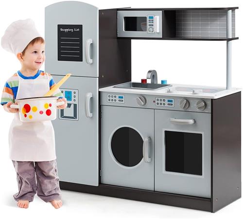 COSTWAY Kinderkeuken van hout, speelkeuken met gootsteen en kraan, fornuis met klikgeluiden, oven en magnetron, speelgoedkeuken met tafel voor kinderen vanaf 3 jaar