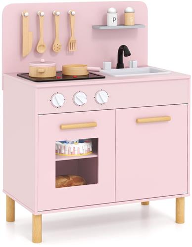 COSTWAY Kinderkeuken met 10 accessoires, houten speelkeuken met licht en geluid, speelgoedkeuken met fornuis, gootsteen en oven, houten keuken voor kinderen vanaf 3 jaar (roze)