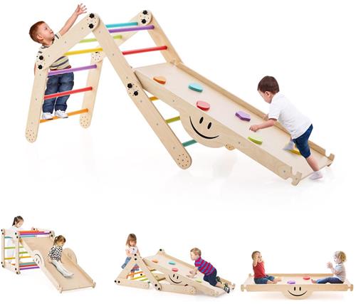 COSTWAY Klimrek voor binnen, klimdriehoek met glijbaan, doe-het-zelf klimladder, converteerbare, multifunctionele indoor-speelplaats voor kinderen vanaf 3 jaar