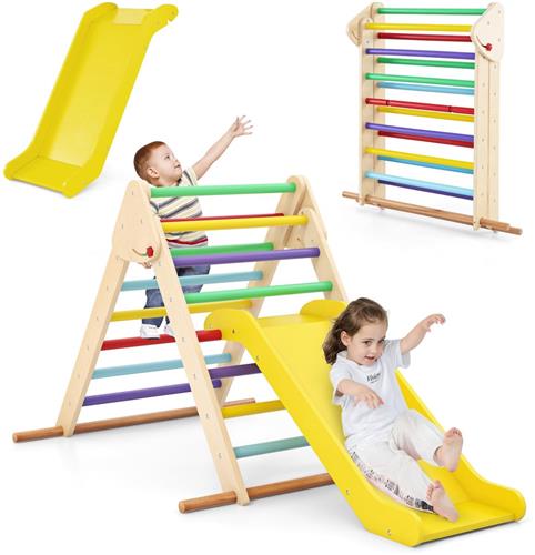 COSTWAY Klimdriehoek met glijbaan, 3-in-1 klimrek, indoor inklapbaar, driehoek met sporten van hout, om te glijden en te klimmen, voor kinderen vanaf 1 jaar