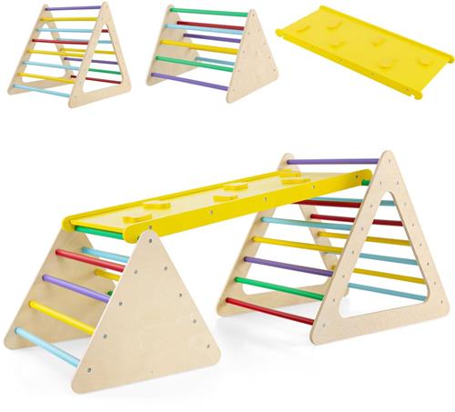 COSTWAY 3-In-1 Klimdriehoek voor Kinderen met 2 Ladders Omkeerbare Opritdriehoek voor Klimmen en Glijden van Hout Kleurrijk