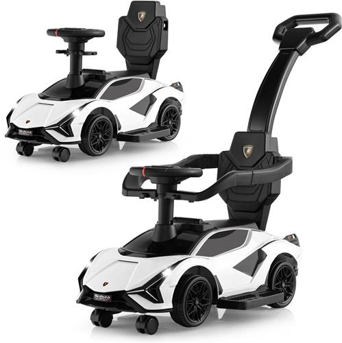 COSTWAY Lamborghini 3-in-1 glijauto, schuifauto met koplampen, muziek en opbergruimte, glijvoertuig met afneembare duwstang en universele wielen, voor kinderen vanaf 1 jaar (wit)