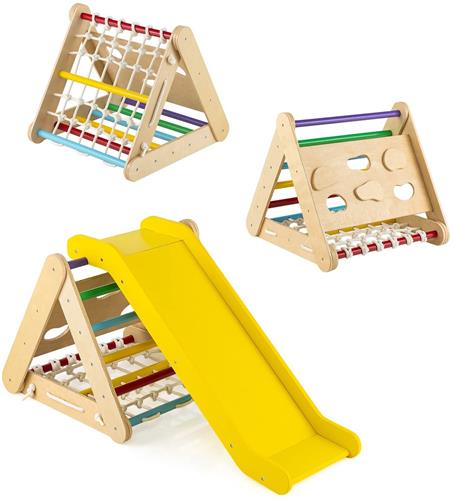 COSTWAY 4-in-1 klimdriehoek met glijbaan, houten klimrek, driehoek met sporten om te glijden en te klimmen, voor kinderen vanaf 1 jaar