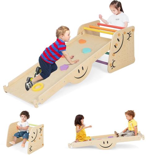 COSTWAY Klimdriehoek met glijbaan, 6-in-1 klimrek voor binnen, incl. in hoogte verstelbare opstapkruk en wip, klimladder hout, indoor speelplaats voor kinderen vanaf 3 jaar