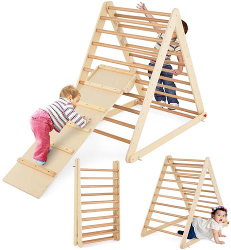 COSTWAY Opvouwbare Klimdriehoek Klimrek met Houten Ladder Sportdriehoek voor de Ontwikkeling van Motoriek voor Peuters Vanaf 3 Jaar