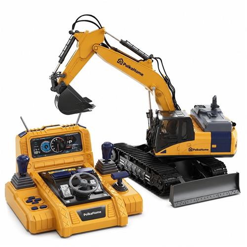 PolkaHome RC Graafmachine met Afstandsbediening  15-Kanaals Besturing  Metalen Onderdelen  Rupsbanden, Bulldozerblad & Watersproeifunctie  Geel