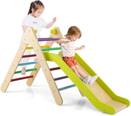 COSTWAY Klimdriehoek met Glijbaan Klimrek van Hout Kiependriehoek om te Glijden en te Klimmen voor Kinderen Vanaf 1 Jaar Meerkleurig