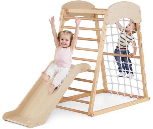 COSTWAY Klimrek voor binnen, 6-in-1 pull-up bar, glijbaan, klimrotsen, klimnet, ladder en tunnel, indoor speelplaats voor kinderen vanaf 1 jaar