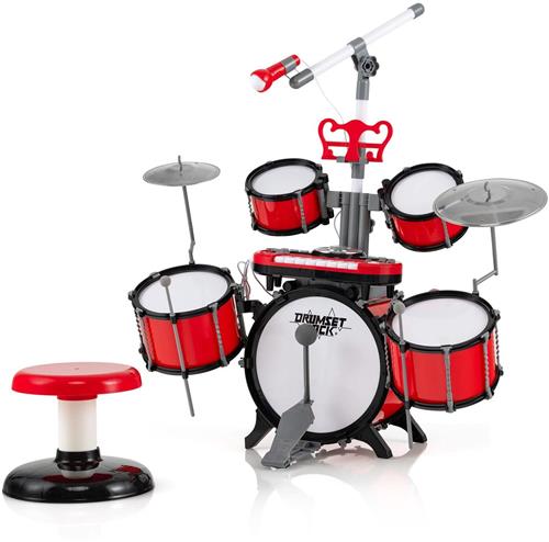 COSTWAY Drumset voor kinderen, drumset met microfoon, muziekstandaard, toetsenbord met 8 toetsen en DJ-kit, audio-ingang, muziekinstrument voor kinderen vanaf 3 jaar, rood