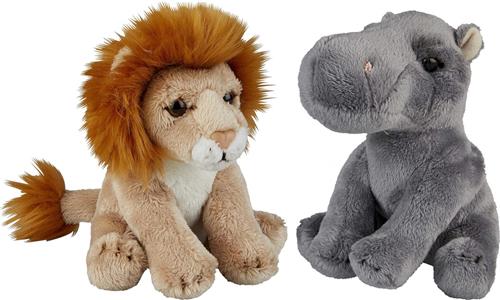 Ravensden - Safari dieren knuffels - 2x stuks - Nijlpaard en Leeuw - 15 cm