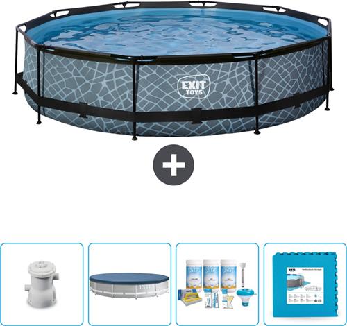EXIT Rond Stone Frame Zwembad - 360 x 76 cm - Inclusief Pomp Afdekzeil - Onderhoudspakket - Vloertegels - Nu extra voordelig