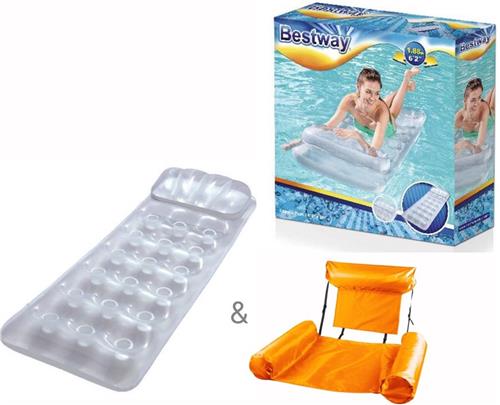 Zilverkleurig Luchtbed - 188 x 71 cm + Opblaasbare Drijfstoel Drijvende WaterStoel 100 x 120 cm LoungeStoel WaterHangmat Zwembad Ligbed Luchtbed - Floating Bed - Beach Float - Float LoungeStoel - Drijvende Water Ligstoel - Opblaasbaar