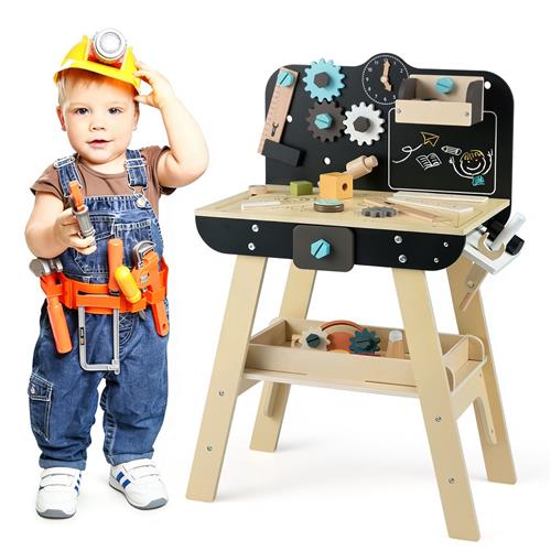 COSTWAY Werkbank voor kinderen, gereedschapsbank met werkplaats speelgoed, accessoires, opbergruimte & bord, houten werkbank voor kinderen vanaf 3 jaar