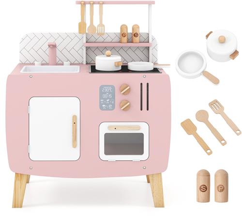COSTWAY Kinderkeuken hout, speelkeuken met fornuis, gootsteen, kraan en oven, mini-keuken met kookgerei, opbergkast en planken, speelgoedkeuken voor kinderen vanaf 2 jaar