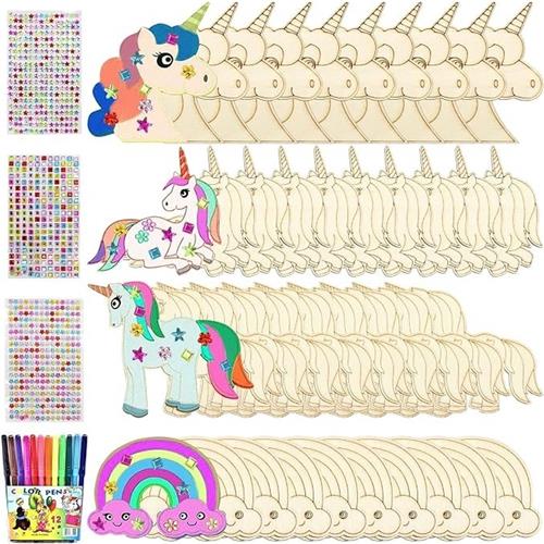PolkaHome Eenhoorn houten knutselset - 55 stuks - Knutselpakket voor kinderen - Houten figuurtjes met stiften en stickers