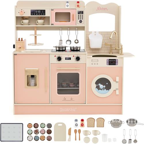 COSTWAY Kinderkeuken, Speelkeuken met 22 Accessoires: Houten Keuken met Fornuis, Kraan, Magnetron, Koffiezetapparaat, Broodrooster en Ijsdispenser, Licht en Geluid, 94cm hoog (aanrecht: 51,5cm), Roze