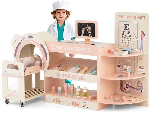 COSTWAY Houten dokterspeelset, ziekenhuis, rollenspel met JournalklÃ¤mma, stethoscoop, CT-apparaat, verwisselbare films en medische accessoires, medisch centrum voor kinderen vanaf 3 jaar, roze