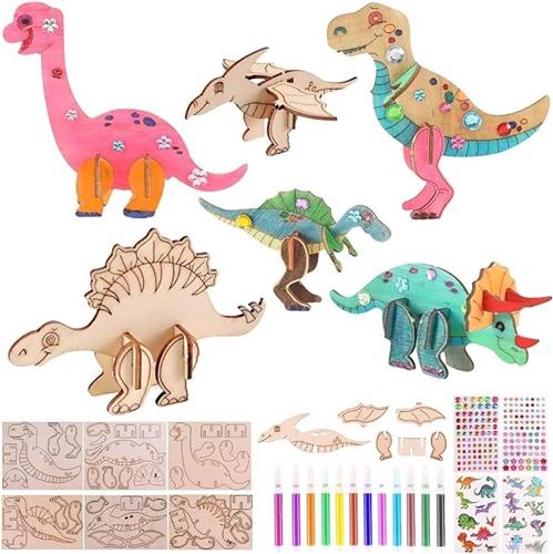 PolkaHome Knutselset Dino 34-delig - Houten 3D Dinosaurussen Kleuren en Stickers - Knutselpakket voor Kinderen vanaf 3 jaar
