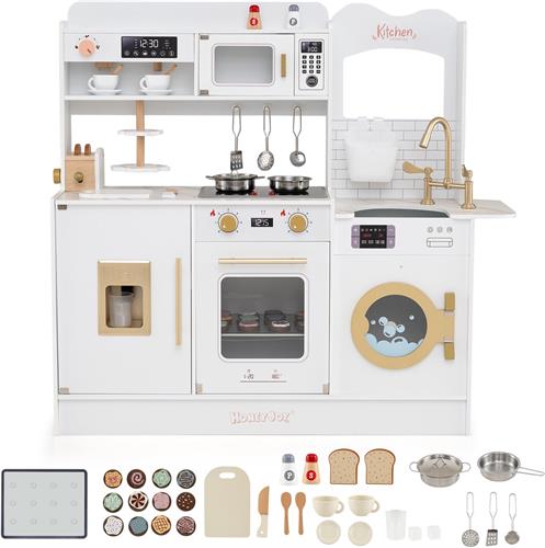 COSTWAY Kinderkeuken, Speelkeuken met 22 Accessoires: Houten Keuken met Fornuis, Kraan, Magnetron, Koffiezetapparaat, Broodrooster en Ijsdispenser, Licht en Geluid, 94cm hoog (aanrecht: 51,5cm), Wit