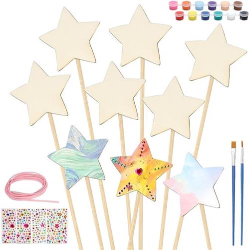 PolkaHome Knutselpakket 12 Houten Toverstaven met Verf, Kwasten en Stickers voor Kinderfeestjes