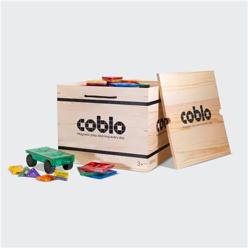 Coblo - Magnetic Tiles  Classic XL set 250 stuks met Houten Opbergbox  Inclusief Mini Magnetische Tegels en Auto-onderstellen  Magnetisch speelgoed  Vanaf 3 jaar