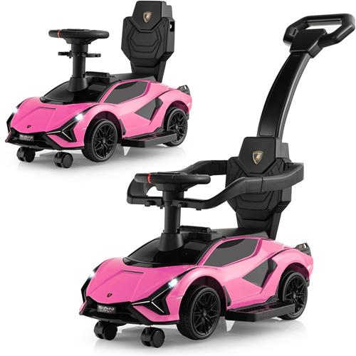 COSTWAY Lamborghini 3-in-1 glijauto, schuifauto met koplampen, muziek en opbergruimte, glijvoertuig met afneembare duwstang en universele wielen, glijbaan voor kinderen vanaf 1 jaar (roze)