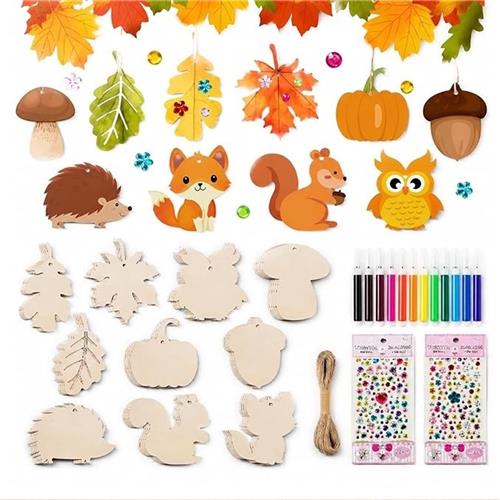 PolkaHome Houten Hangertjes om te Verven - Herfst Knutselset 55-delig
