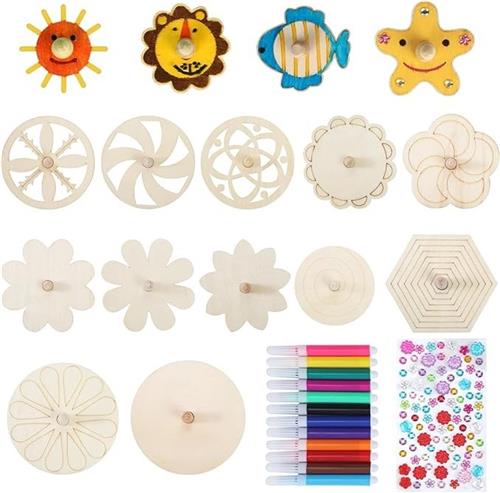 PolkaHome Houten Tol Knutselset - 16 Stuks met Stiften en Stickers
