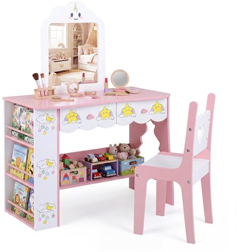COSTWAY Kinderschminktafel in wolkvorm, Kaptafel met spiegel, Cosmetica tafel met 2 laden, 3laags boekenplank & opbergvak, Kinderschminktafel voor meisjes vanaf 3 jaar, Wit