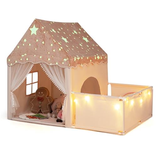 COSTWAY Speeltent voor binnen, 2-in-1 kindertent met box (beige)